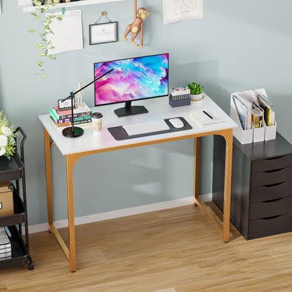 Dkelincs 40 Inch Small Computer Desk Home Office Desk Writing Desk Modern Simple Style Study Work Table with Metal Frame, Easy Assembly, Adjustable Feet, Water-Resistant, Scratchproof Surface, Gold - color: Gold, size: 40 Inch