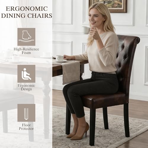 LSSBOUGHT Upholstered Dining Chairs Set of 6,Tufted Parsons Kitchen Chair with Solid Wood Legs, Modern PU Leather Side Chair for Dining Room/Restaurant(6pcs,Brown) - color: Brown-pu, size: Set of 6