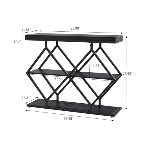 Garvee 3 Tier Console Table,39" Industrial Entryway Table,Open Wood Shelves | Sofa Table,Narrow Wood Accent Tables with Metal Frame for Hallway,Living Room,Behind Couch,Foyer,Entrance,Black - color: Black + Diamond-shaped