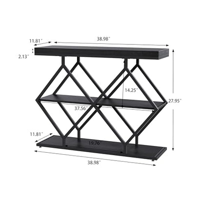 Garvee 3 Tier Console Table,39" Industrial Entryway Table,Open Wood Shelves | Sofa Table,Narrow Wood Accent Tables with Metal Frame for Hallway,Living Room,Behind Couch,Foyer,Entrance,Black - color: Black + Diamond-shaped