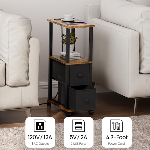 TUTOTAK Small Narrow End Tables, Side Tables with 2 Fabric Drawers, Set of 2, Bedside Tables with Charging Station for Small Spaces, Slim Nightstands with USB Ports and Wheels, TB01BB053 - color: Brown, style: with Outlets
