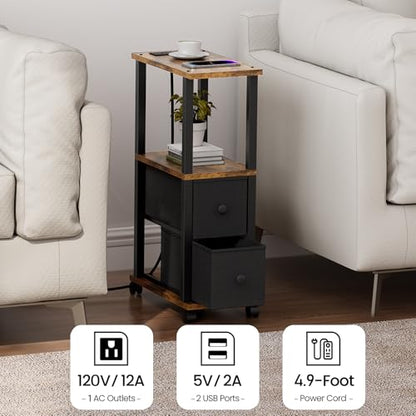 TUTOTAK Small Narrow End Tables, Side Tables with 2 Fabric Drawers, Set of 2, Bedside Tables with Charging Station for Small Spaces, Slim Nightstands with USB Ports and Wheels, TB01BB053 - color: Brown, style: with Outlets