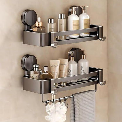 VOLPONE Shower Caddy Suction Cup, 2 Pack Corner Shower Shelves No Drilling, Showers Organizer Storage with Towel Bar & Removable Hooks, Bathroom Shower Shelf Rack for Inside Showers