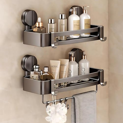 VOLPONE Shower Caddy Suction Cup, 2 Pack Corner Shower Shelves No Drilling, Showers Organizer Storage with Towel Bar & Removable Hooks, Bathroom Shower Shelf Rack for Inside Showers