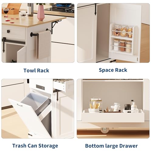 Garvee 54" Kitchen Island with Drop Leaf & Power Outlet | Large Rolling Cart with Trash Cabinet, 2 Sliding Barn Doors, 3 Drawers Mobile Island Table, Spice Rack & Towel Rack, White - color: White & Oak