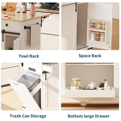 Garvee 54" Kitchen Island with Drop Leaf & Power Outlet | Large Rolling Cart with Trash Cabinet, 2 Sliding Barn Doors, 3 Drawers Mobile Island Table, Spice Rack & Towel Rack, White - color: White & Oak