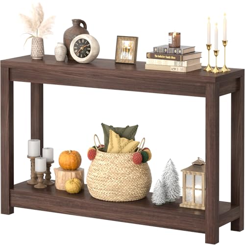 Besiost 47" Farmhouse Wood Entryway Table Narrow Console Table with Storage Behind Couch Sofa Table with Shelves Entry Way Tables with Open Storage, Easy Assembly, Black Walnut - color: Black Walnut, size: 47"(L)*31.3(H)