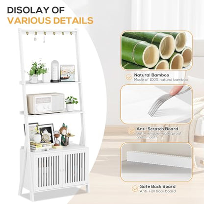 Bookcase with Drawers, 4-Tier Bamboo Bookshelf Ladder Shelf with 6 Hooks, 59.5"H x 24.8"L x 10.6"W, Tall Narrow Freestanding Standing Storage Organizer for Living Room, Office, Bedroom, White - color: 4-tier White
