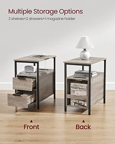 VASAGLE Side End Table with Charging Station, Slim Nightstand with 2 Drawers, Narrow Bedside Table for Living Room, Small Spaces, Heather Greige and Ink Black ULET321B02 - color: Heather Greige + Ink Black, size: 23.6"D x 13.8"W