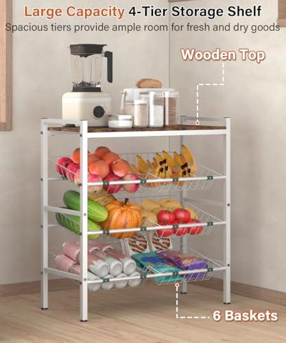 4-Tier Fruit and Vegetable Storage Rack with Wood Top & 6 Removable Baskets, Small Kitchen Island, Pantry Floor Organizer Stand Shelves for Onion Potato Snack Storage, White - style: 6 Baskets-White