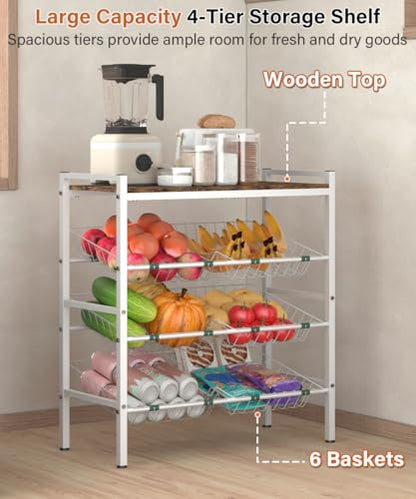 4-Tier Fruit and Vegetable Storage Rack with Wood Top & 6 Removable Baskets, Small Kitchen Island, Pantry Floor Organizer Stand Shelves for Onion Potato Snack Storage, White - style: 6 Baskets-White