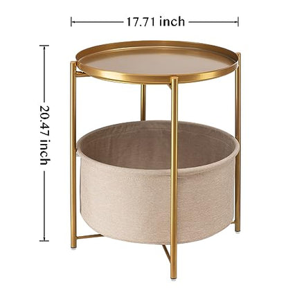 danpinera Gold Side Table with Basket, Small Round Table for Living Room | Metal Modern Nightstand for Small Space, Bedroom, Nursery, Accent Metal Stand with Removable Serving Tray, 20.47 in Tall - color: Gold