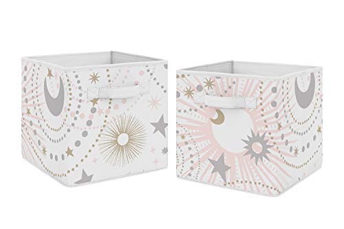 Sweet Jojo Designs Set of 2 Collapsible Fabric Storage Cubes (Star and Moon) for Girls, Baby, Kids, Childrens Foldable Bins Organizer Boxes Toys (Pink & Grey, Celestial Sky, Stars, Moons, Shabby Chic) - color: Pink Celestial