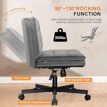 COMHOMA Cross Legged Office Chair with Wheels Armless-Office Desk Chair, Modern Vanity Computer Task Chairs for Home Bedroom, Comfortable Wide Seat for Lower Back Pain Relief, Soft Velvet, Gray - color: Gray Velvet