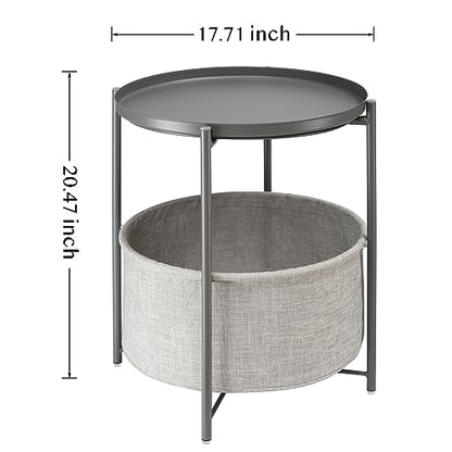 danpinera Round Side Table with Fabric Storage Basket,Small Sofa Table | Metal End Stand for Small Space, Living Room, Bedroom, Nursery, Laundry, Modern Nightstand with Removable Serving Tray, Gray - color: Grey