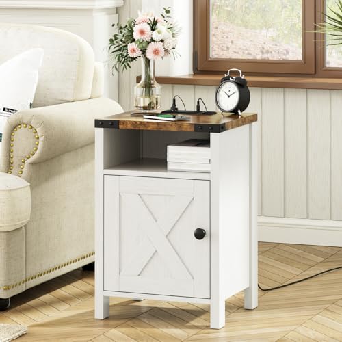 Fameill Farmhouse End Tables Set of 2, Modern White | Nightstands with Charging Station, Bedside Tables with Barn Door and Open Compartment, Rustic Living Room Side Table