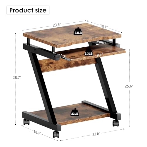 sogesfurniture Small Mobile Computer Desk with Keyboard Tray, Z-Shaped Compact Study Table, Rolling Workstation for Home and Office with Printer Shelf, Keyboard Drawers, Rustic Brown - color: Rustic Brown