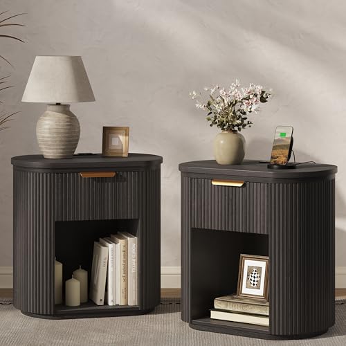 Fluted Nightstand with Charging Station, 23.6" Bedside Side Table with Drawer, Wood End Table with Storage, Curved Round Corner, Furniture Bedroom Sofa, Mid Century Modern, Vintage, Black,Set of 2 - color: Black
