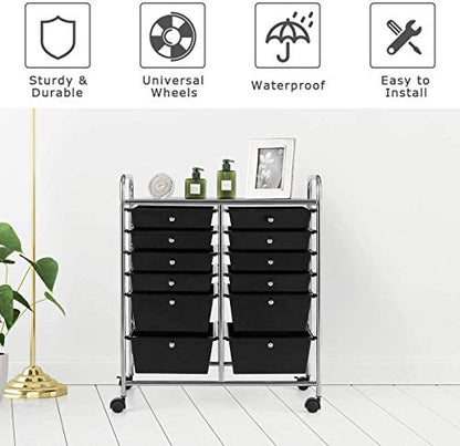 Moccha 12-Drawer Rolling Storage Cart - Utility Cart on Wheels with Lockable Casters for Craft Art Supply Paper Salon, Mobile Drawer Carts for Classroom Teacher School Office - color: Black, style: 12 Drawers