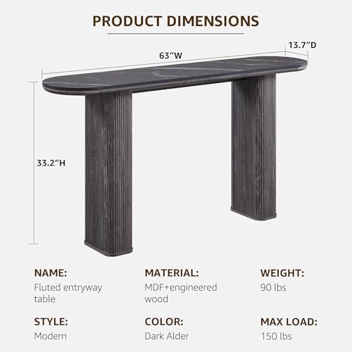 OKD 63" Modern Fluted Console Table, Narrow Entryway Table, Dark Alder | Modern Fluted Wood Base, Curved Faux Marble-Texture Top, Entryway, Hallway, Foyer, Behind Sofa - color: Dark Alder