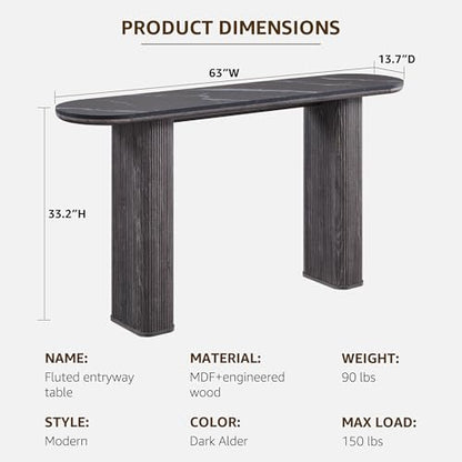 OKD 63" Modern Fluted Console Table, Narrow Entryway Table, Dark Alder | Modern Fluted Wood Base, Curved Faux Marble-Texture Top, Entryway, Hallway, Foyer, Behind Sofa - color: Dark Alder
