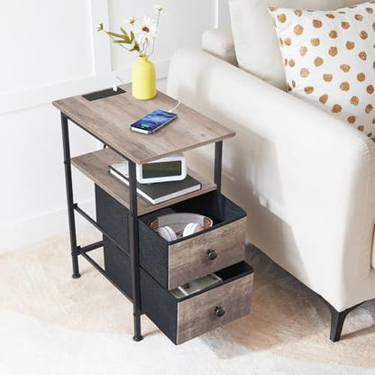 HOOBRO End Table with Charging Station, Narrow Side Table, Nightstand with 2 Non-Woven Drawers, Slim Sofa Side Table, for Small Spaces, Living Room, Bedroom, Greige and Black BG486UBZ01 - color: Greige + Black, size: 11.8"L x 18.9"W x 23.6"H