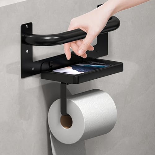 Black Toilet Paper Holder with Assist Bar Toilet Grab Bar Stainless Steel - Assistance Handle with Toilet Roll Holder and Shelf Wall Mounted Grab Bars with Toilet Paper Holder for Elderly Seniors