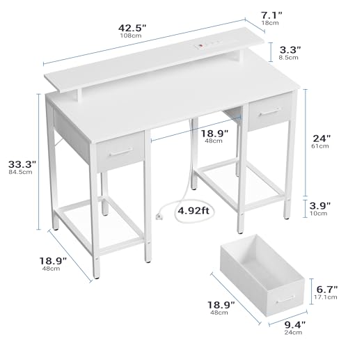 Furnify 42 Inch Computer Desk with Fabric Drawers & USB Power Outlet, White | Built-In USB Charging Station, Study Writing Table with Monitor Stand, Multifunctional Workstation for Bedroom Studyroom - color: White