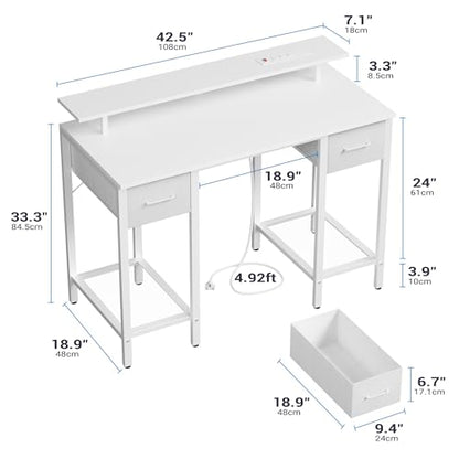 Furnify 42 Inch Computer Desk with Fabric Drawers & USB Power Outlet, White | Built-In USB Charging Station, Study Writing Table with Monitor Stand, Multifunctional Workstation for Bedroom Studyroom - color: White
