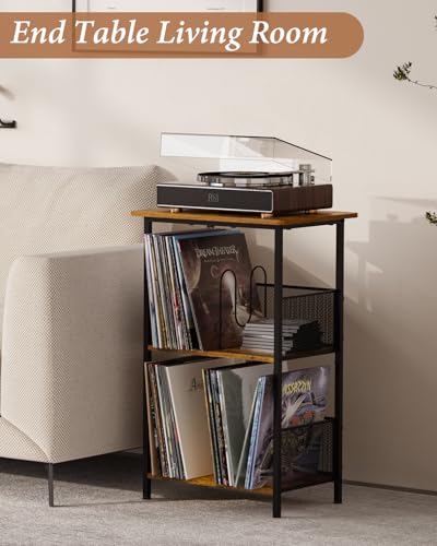 Honkazita 3 Tier Vinyl Record Storage Table Wooden Turntable Stand | holds up to 200 albums, now playing vinyl record stand, small bedside nightstand for bedroom, music room record organizer