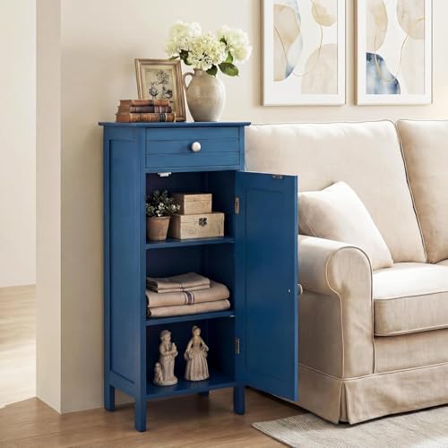 34.5” Bathroom Floor Cabinet, Free-Standing Single Door Storage Cabinet with Drawer & 2 Adjustable Shelves,Narrow Side Storage Cabinet for Bathroom,Laundry Room, Kitchen(Blue) - color: Blue