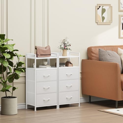 Somdot Nightstand with 3 Drawers, Dresser with Fabric Bins for Bedroom, Hallway, Entryway, Night Stand Bedside Table Furniture, Sturdy Steel Frame, Wooden Top, Easy Pull Fabric Bins, White Leather - color: White Leather, size: 11.4"D x 15.2"W x 30.6"H (3