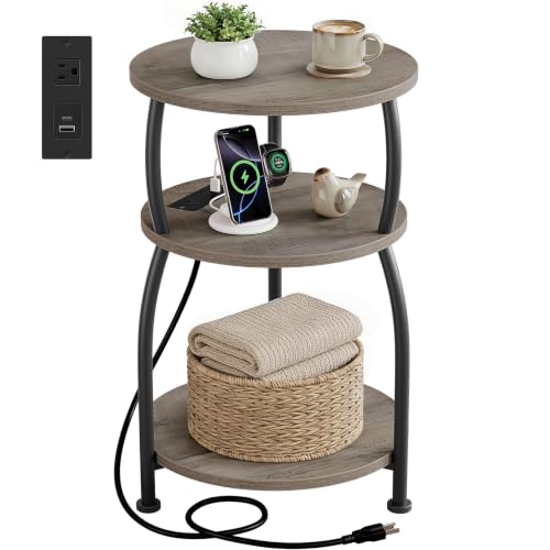 Round Side Table with Power Outlet, USB Type C Port, 3-Tier End Table | 15.7 in Nightstand for Small Spaces, Tall Side Table with Charging Station for Sofa Couch, Living Room Bedroom, Garden, Grey - color: Grey, size: 15.7''Dia with Power Strip