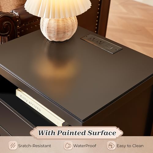 Huuger Black Nightstand Set of 2, Night Stand with Charger Station, Bedside Table with 2 Drawers, Bed Side Tables for Bedroom, Modern Nightstands, Metal Knobs, Painted Surface - color: Black