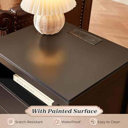 Huuger Black Nightstand Set of 2, Night Stand with Charger Station, Bedside Table with 2 Drawers, Bed Side Tables for Bedroom, Modern Nightstands, Metal Knobs, Painted Surface - color: Black