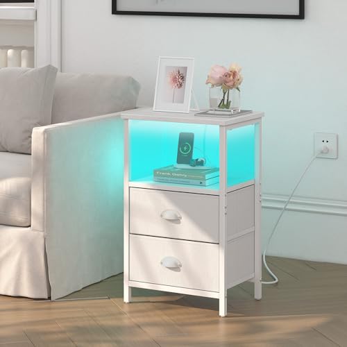 sthmec Nightstand with Charging Station, LED Night Stand Set 2, Bedside Table End Tables Set of 2, Bedroom Tables with 2 Fabric Drawers PU Finish, 3-Tier Storage Side Table for Bedroom,White - color: White