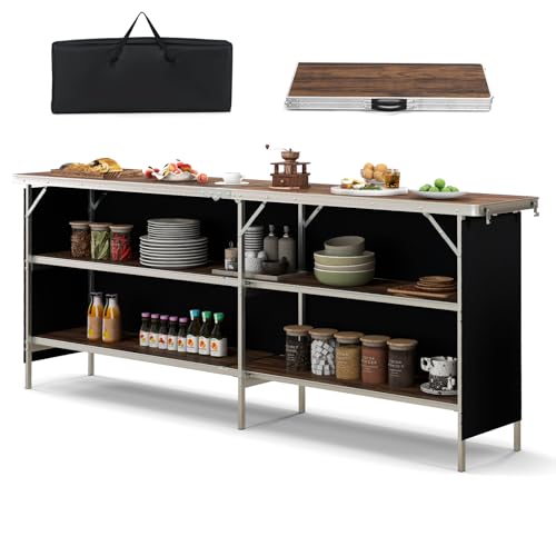 COSTWAY 81" Folding Picnic Table, Portable Bar Table with Carry Bag | Lightweight Aluminum Food Prep Station with 2 Shelves, Quick Set-up, BBQ, Party, Backyard, Brown - color: Brown, size: 81"W x 32.5"H