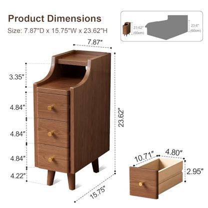 Solid Wood Narrow Nightstand with Drawers,Walnut Nightstand Wood Bedside Table Modern for Bedroom,Study,Toilet - color: Walnut, size: 15.75"D x 7.87"W x 23.62"H(3 Drawers)