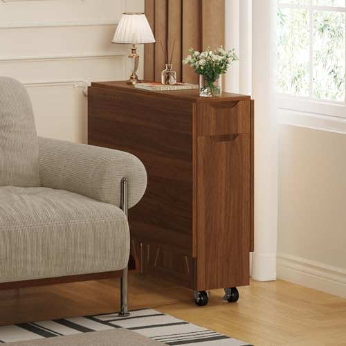 3imothrix Folding Dining Table, Dinner Table with Drawer and Storage and Shelves, Space Saving Dining Table with 6 Wheels, Kitchen Table for Small Spaces (Walnut) - color: Walnut