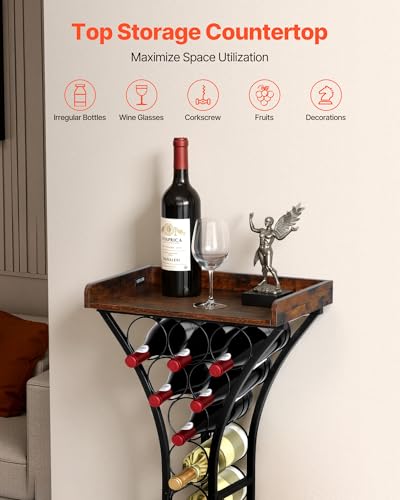 VEVOR 15 Bottle Wine Rack,Iron Freestanding Floor Wine Holder, Mini Bar Stand Liquor Cabinet with Wood Tabletop, for Home Bar,Kitchen,Living Room,Dining Room,16.9''L X 11.4''W X 35.2''H - size: 15 Bottles