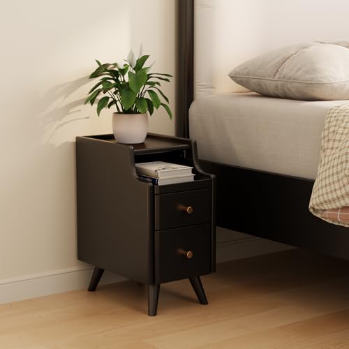 AQIMUELE Small Nightstand with Drawers, Solid Wood Bedside Table, Narrow Walnut Nightstand for Bedroom - color: 1 Pc(black), size: 15.74''D*11.81''W*19.68''H