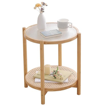 Tiita Rattan Nightstand Side Table, Bamboo Accent Bedside Tables, Glass Coffee Tables, Boho Wooden End Table with Storage for Small Space, Living Room and Bedroom - color: Coffee Table-glass