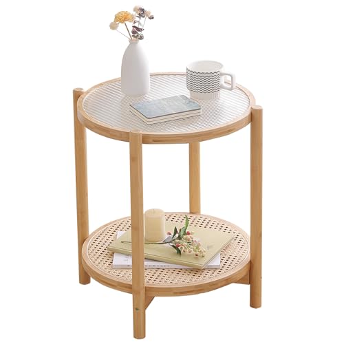 Tiita Rattan Nightstand Side Table, Bamboo Accent Bedside Tables, Glass Coffee Tables, Boho Wooden End Table with Storage for Small Space, Living Room and Bedroom - color: Coffee Table-glass