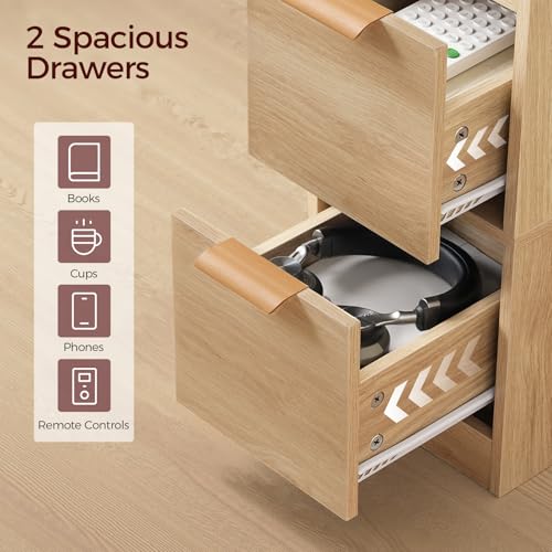 MAHANCRIS Narrow Nightstand with LED Light, Small Side Table with 2 Drawers, Open Shelf, Modern Bedside Table, Slim End Table for Small Spaces, Skinny Night Stand for Bedroom, Natural ETNA35E01 - color: Natural