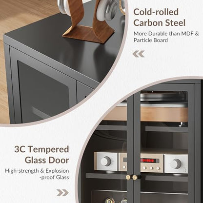 Metal Media Cabinet with 13-Color LED Lights, Stereo Cabinet with Glass Doors & Adjustable Shelves Audio AV Rack with Cable Management, Black - color: Black, style: FloorSeal + RGB Lights