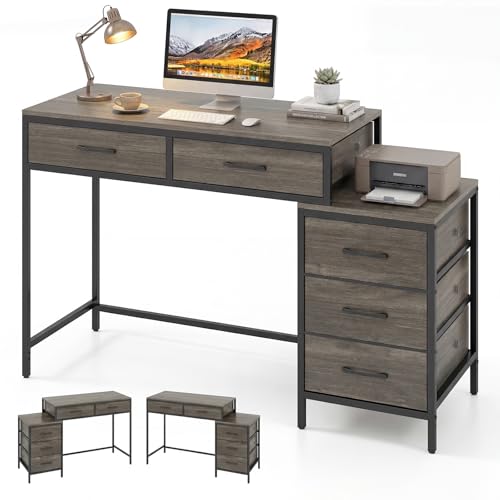 Tangkula Reversible Computer Desk with 5 Drawers, 51-Inch Home Office Desk with Drawers & Printer Stand, Industrial Writing Study Desk, Laptop PC Desk Workstation for Bedroom, Small Spaces (Grey) - color: Grey