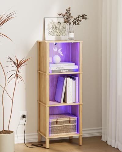 Bookshelf with LED Lights, Modern 3-Tier Bookcase, Open Storage Book Shelf, 11 × 14.2 × 38.9 Inches, Small Narrow Bookshelves for Living Room, Home Office, Bedroom, Natural - color: Natural With Lights, size: 3-Tier