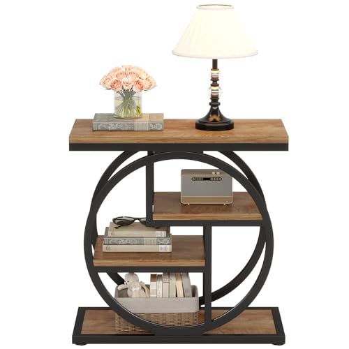 Tribesigns End Table for Living Room, 4-Tier Narrow Side Table with Storage Shelves, Industrial Bedside Table for Bedroom, Wood Small Sofa Side Table with Geometric Metal Frame (1 PC, Natural Brown) - color: Natural Brown