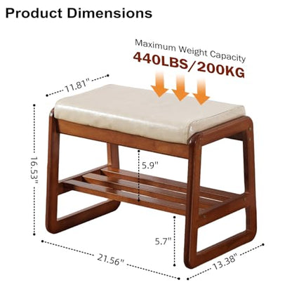 SOBIBO Solid Wood Shoe Bench, 2-Tier Wooden Entryway Bench, Modern Shoe Rack with Faux Leather Cushion for Hallway, Living Room (Gray, 21.65'') - color: Beige, size: 21.65 inches