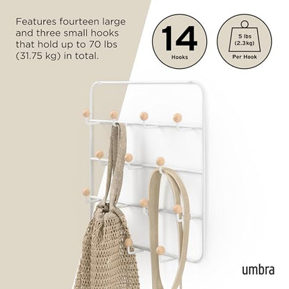 Umbra Estique Coat Rack, Over the Door Wall Hooks, 14 Hook, White/Natural | Steel, snag-free wooden pegs, fits doors to 1.6 inch, power coated finish